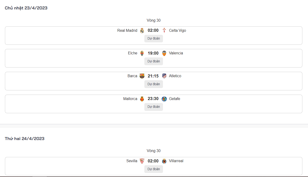 Lịch thi đấu cụ thể của La Liga trong ngày chủ nhật 23/4 và rạng sáng thứ Hai 24/4