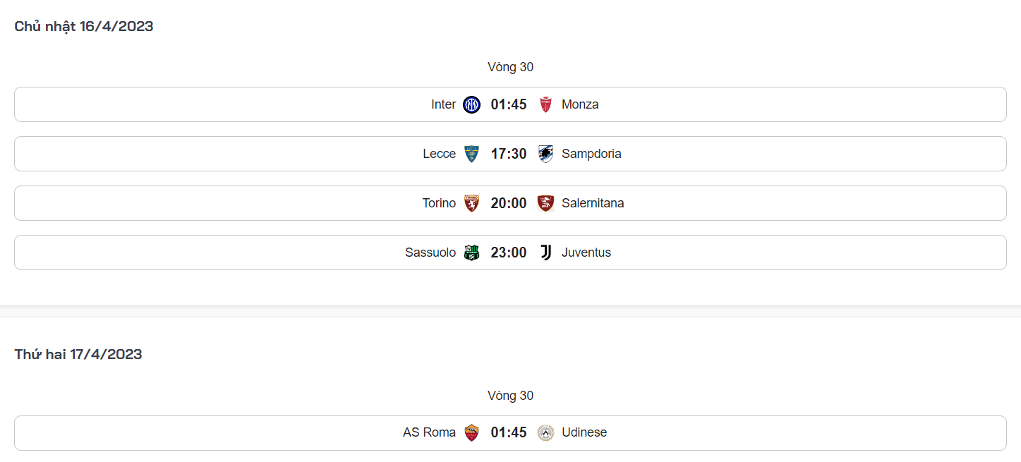 Lịch thi đấu bóng đá tại Serie A cuối tuần này chủ nhật 16/4