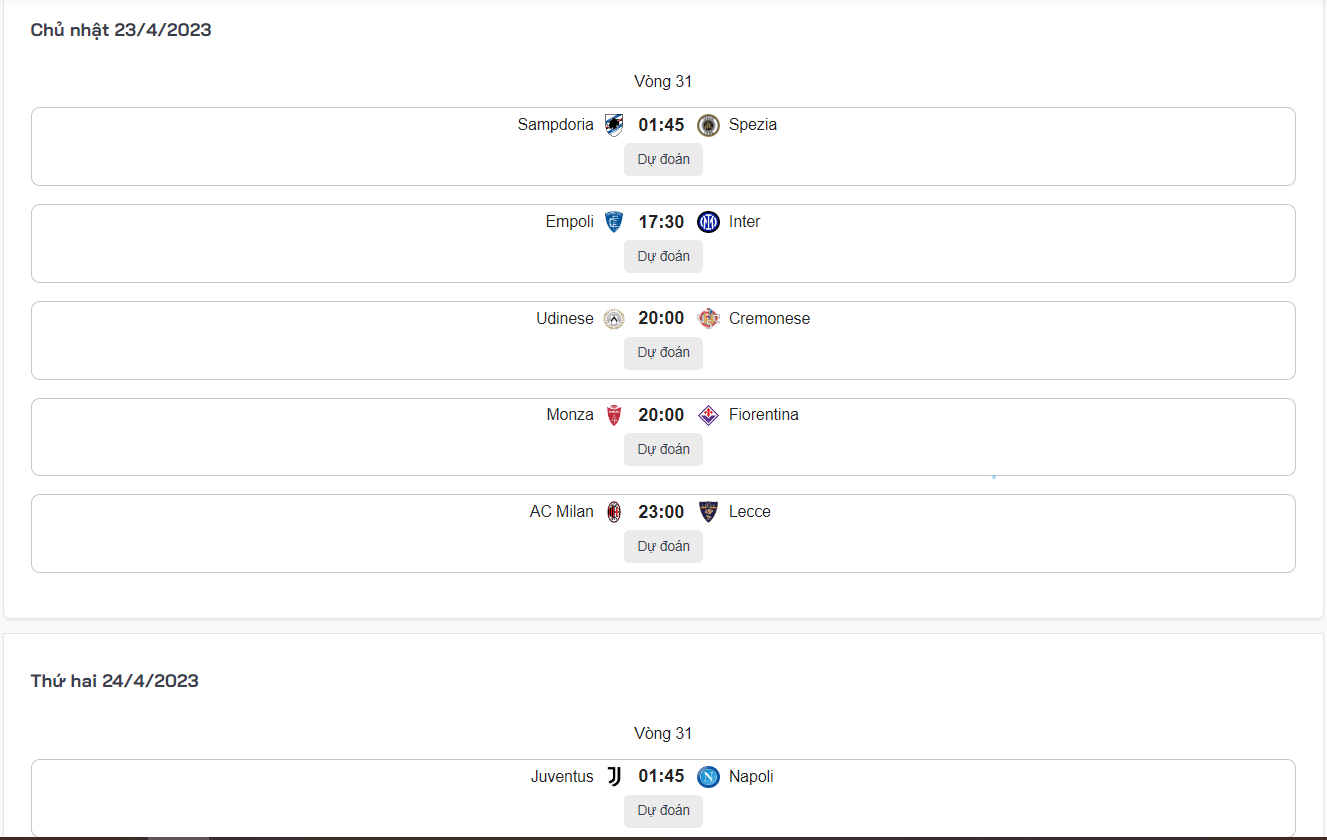 Lịch thi đấu bóng đá tại Serie A cuối tuần này