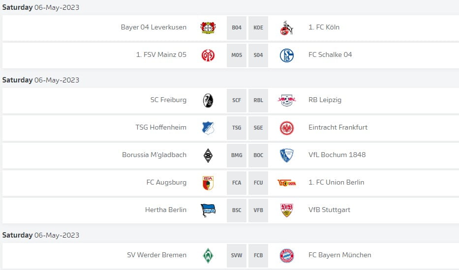 Lịch thi đấu cụ thể Bundesliga trong ngày thứ 7 6/5