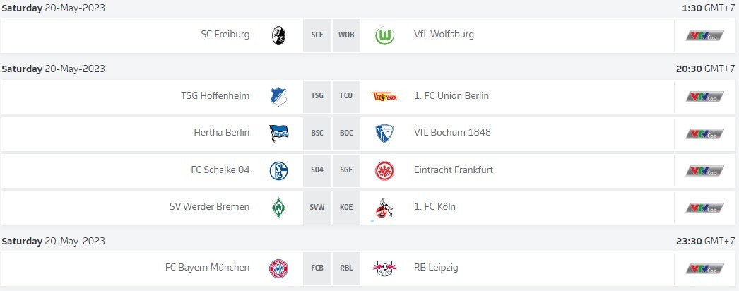 Lịch thi đấu cụ thể Bundesliga vòng 33 thứ 7 20/5