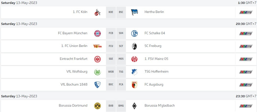 Lịch thi đấu cụ thể Bundesliga trong ngày thứ 7 13/5