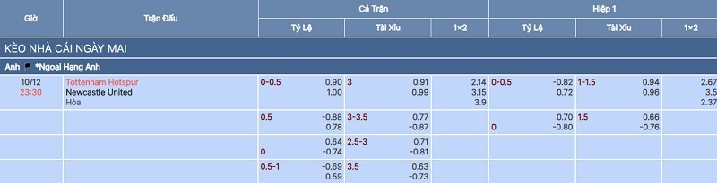 Tỷ lệ kèo trận Tottenham vs Newcastle tại bongdaso fun