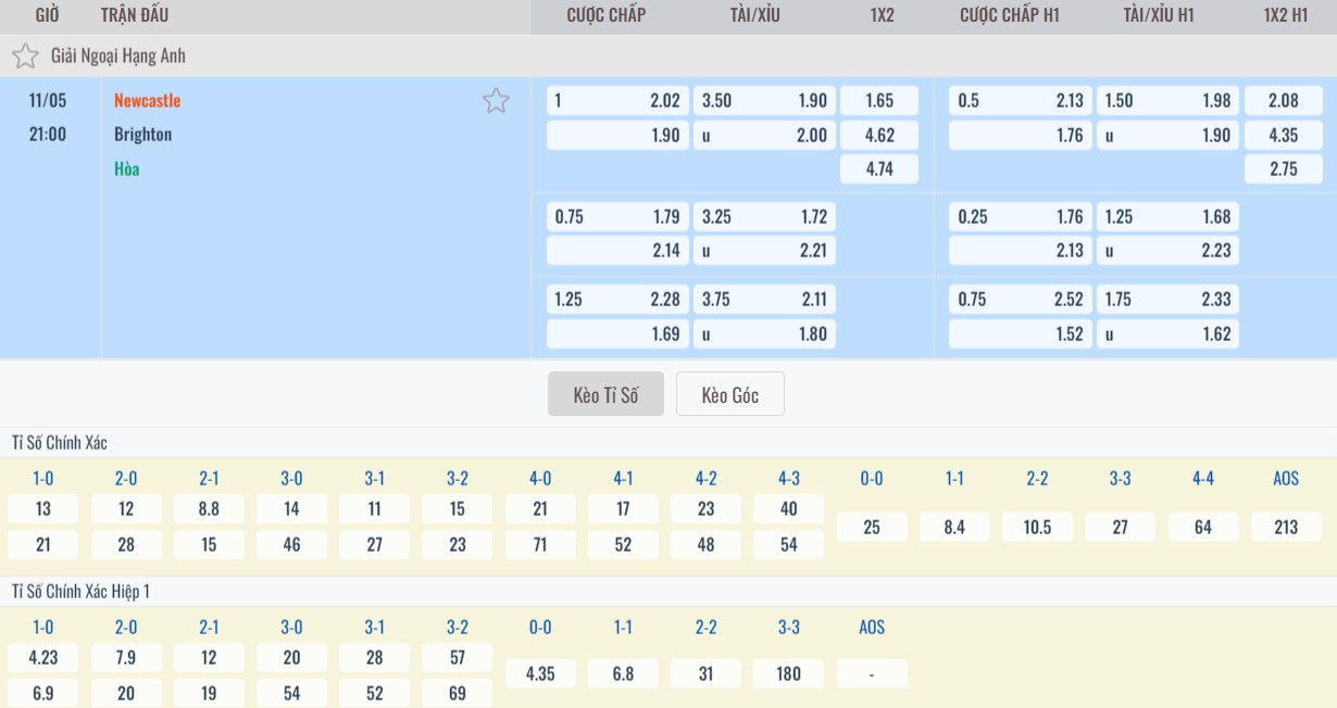 Soi kèo nhà cái trận Newcastle vs Brighton