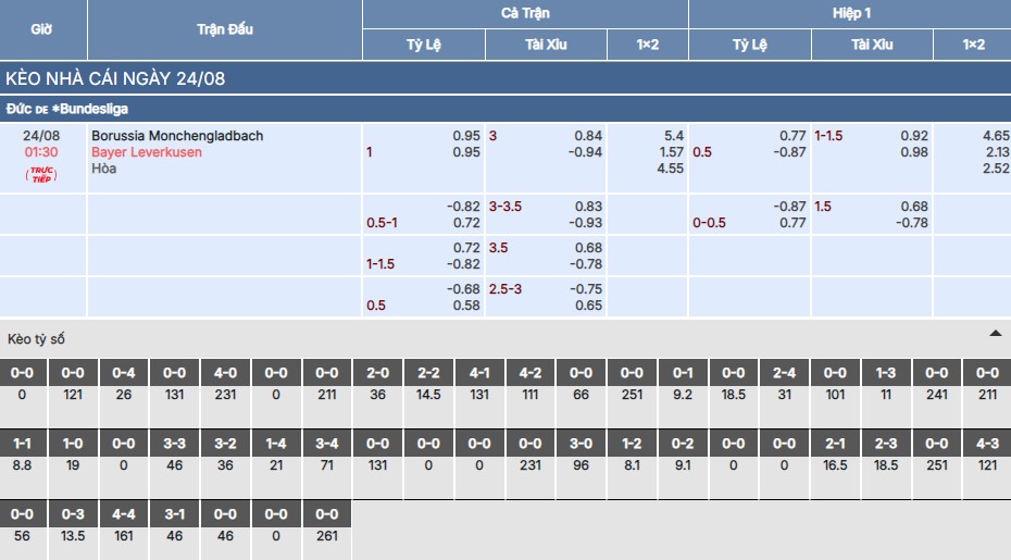 Chi tiết bảng kèo trận Borussia Monchengladbach vs Bayer Leverkusen